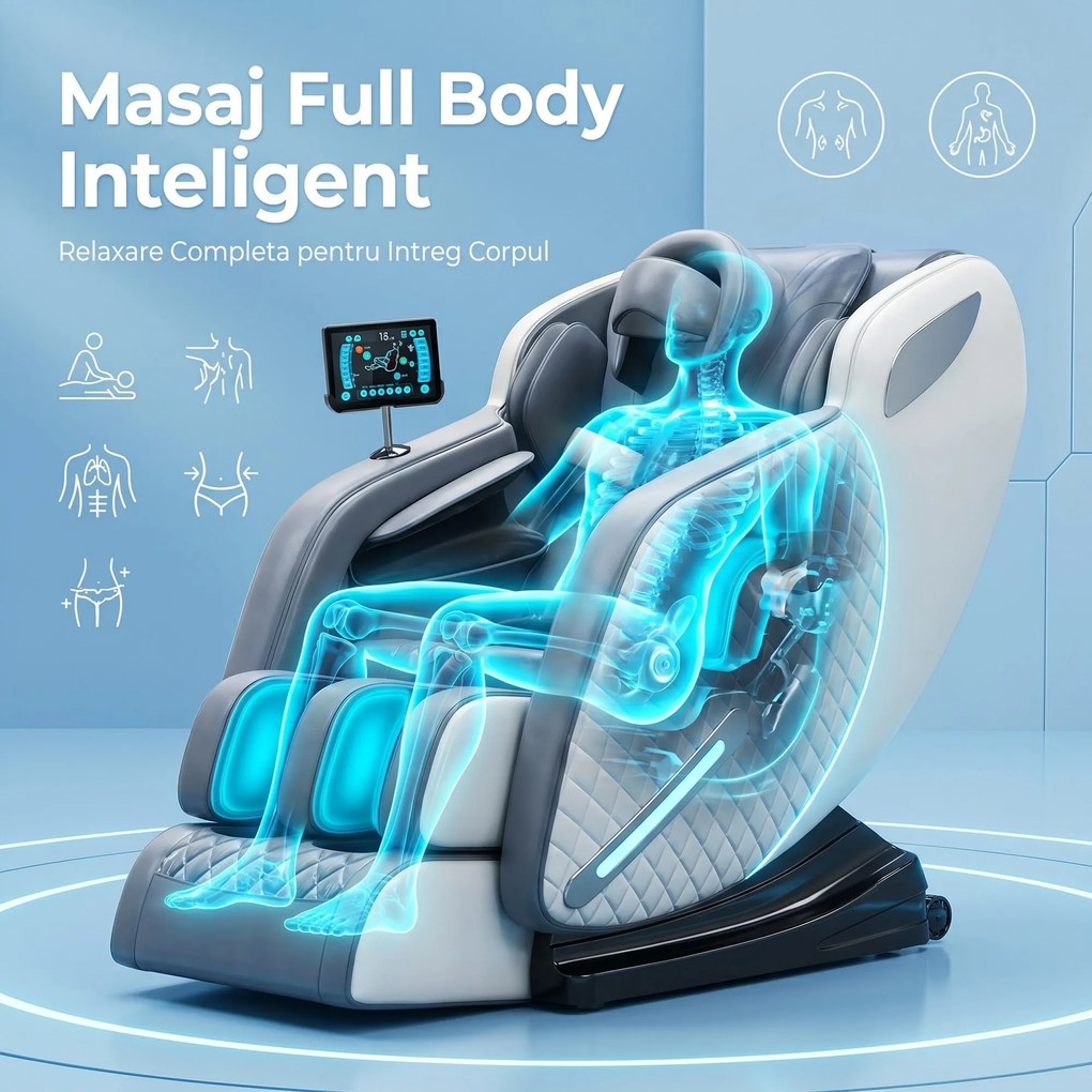 Fotoliu de masaj full body cu AI Voice, sina SL-Track si airbag 360, Gri
