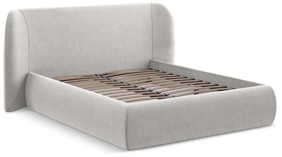 Pat matrimonial gri deschis tapițat cu spațiu de depozitare cu somieră 180x200 cm Hauke – Makamii