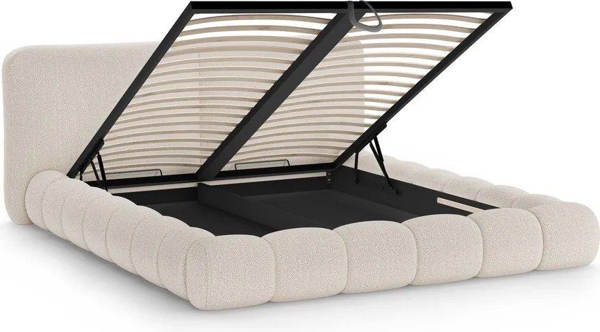 Pat matrimonial bej tapițat cu spațiu de depozitare cu somieră 200x200 cm Solange – Micadoni