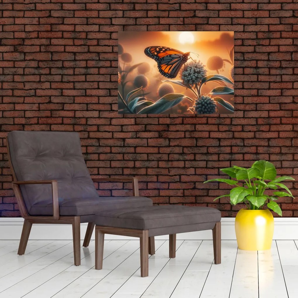 Tablou pe sticlă – Fluture în soare apunând (70x50 cm)