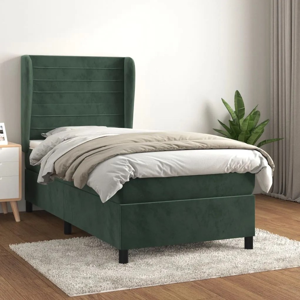 3129246 vidaXL Pat box spring cu saltea, verde închis, 90x190 cm, catifea