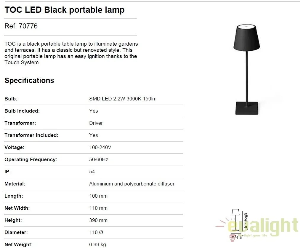 Lampa LED portabila iluminat exterior stil clasic TOC neagra 70776