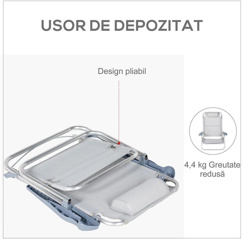 Outsunny Set 2 Scaune de Camping Pliabile cu Tetieră Căptușită și Spătar Reglabil în 6 Poziții, 62x65x80 cm, Gri Deschis | Aosom Romania