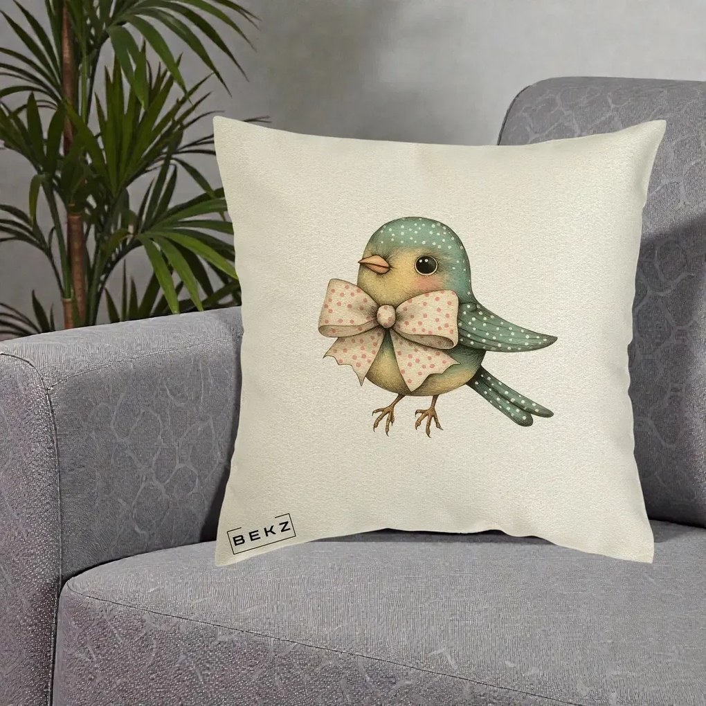 Perna Decorativa Pasare Teal cu Fundita cu Buline, 40x40 cm, Ecru, Husa Detasabila, Perna Inclusa, BEKZ®