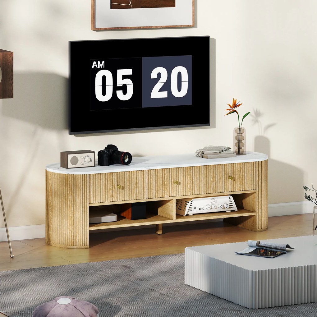 HOMCOM Comodă TV 140 cm, mobilier pentru televizor 165 cm cu aspect de marmură 3 sertare fețe canelate aspect lemn natural | Aosom Romania