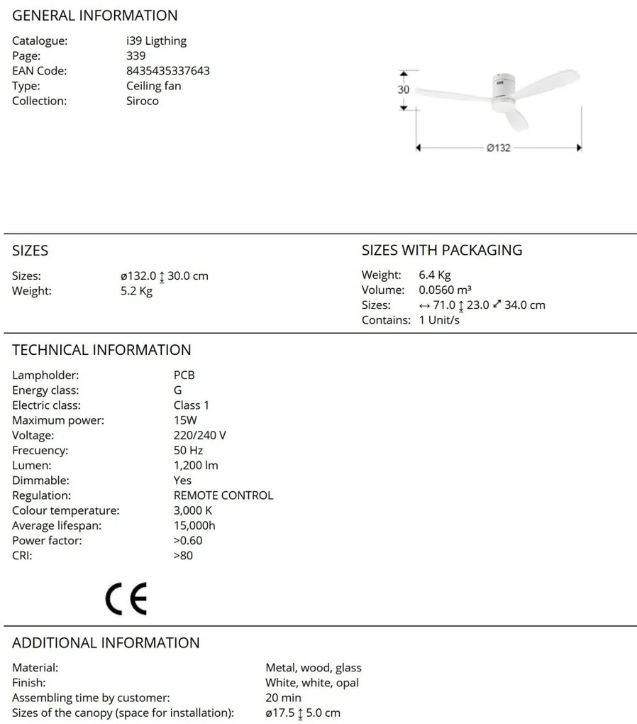 Lustra LED cu Ventilator si telecomanda Siroco D-132cm alb