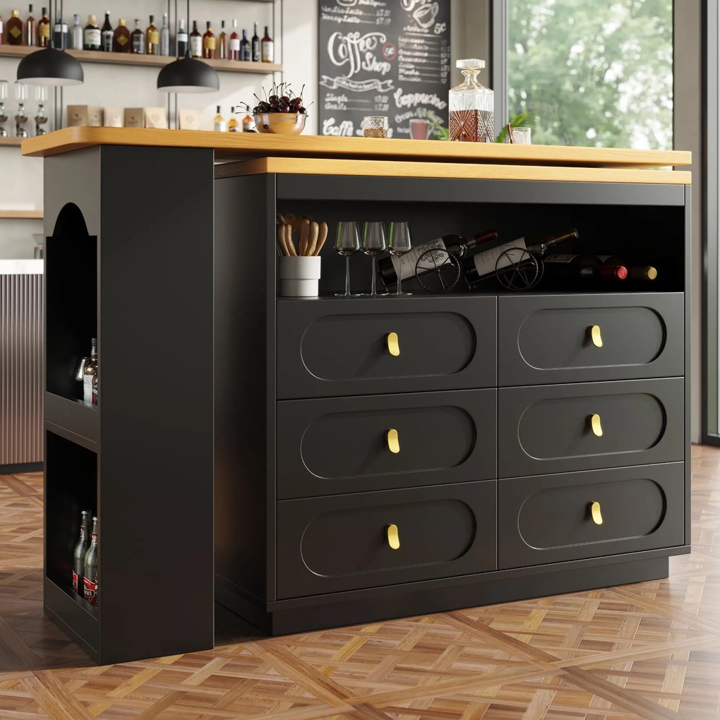 Masă de bar extensibilă cu rotire 360°, 6 sertare și raft lateral pentru gustări, 137-203x39x90 cm, Negru