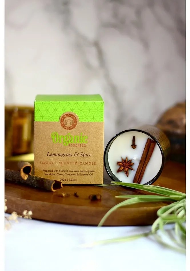 Lumânare aromată organică Lemongrass & Spice200 g în sticlă cu folie aurie