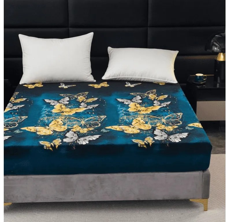 Cearsaf Cocolino microplus cu elastic FLUTURE AURIU SI ALB 160x200 cm verde inchis