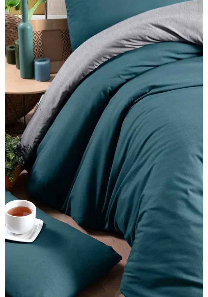 Lenjerie de pat în culoarea petrolului-gri din bumbac pentru pat dublu-extins și cearceaf 200x220 cm – Mila Home