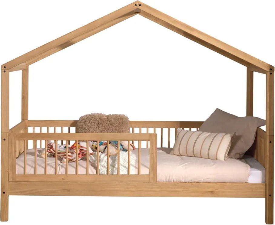 Pat pentru copii în culoare naturală de tip casă din lemn de stejar cu somieră 90x200 cm Forrest – Vipack