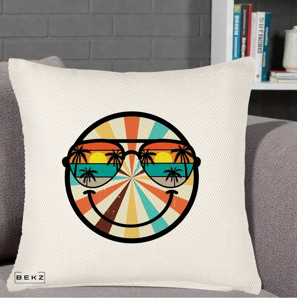 Perna Decorativa Smiley Face Retro Sunset Palmieri, 40x40 cm, Crem Reliefat, Husa Detasabila, Perna Inclusa, BEKZ®