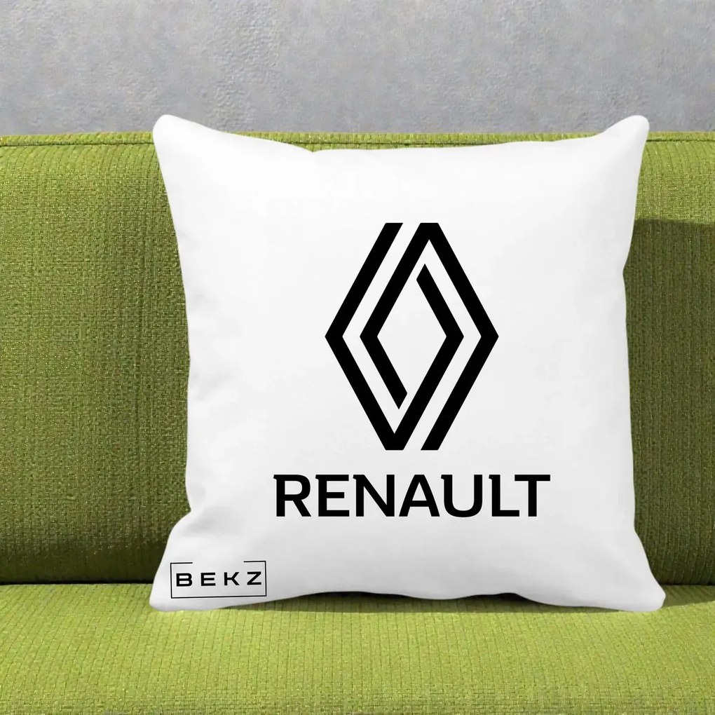 Perna Personalizata cu emblema Renault, 40x40 cm, Alba Mata, Husa Detasabila, Perna Inclusa, BEKZ®