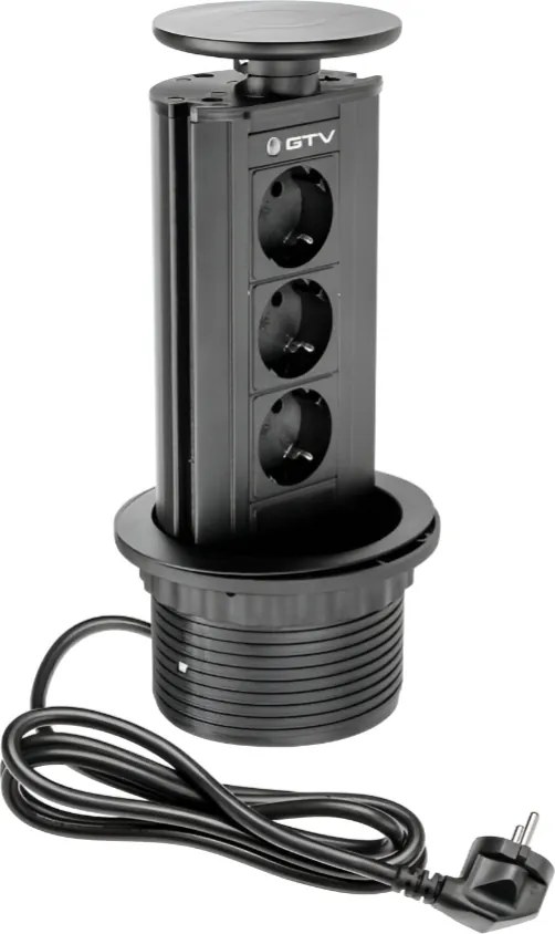 Priză încorporabilă în blat GTV, 3 prize Schuko, negru, D:100 mm Aluminiu, Negru, D:100 mm