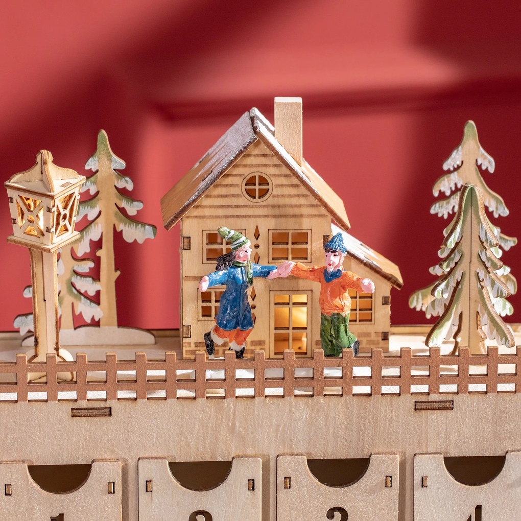Calendar Advent de Craciun din lemn, cu lumini LED, pentru copii si adulti, natural HOMCOM | Aosom Romania