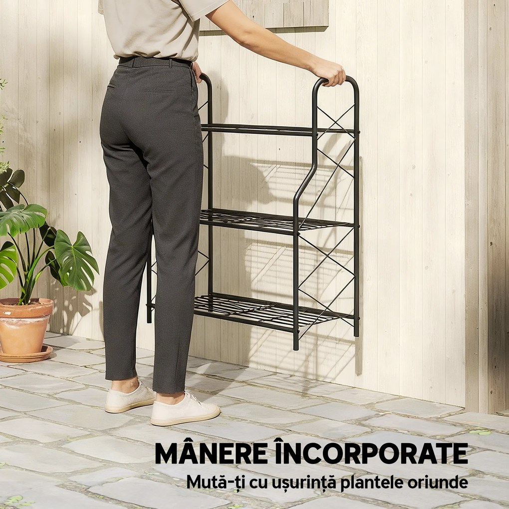 Outsunny Suport pentru Plante Vertical cu 3 Niveluri, cu Suporturi Laterale în X, Suport Ghivece cu Mânere Integrate din Metal pentru Interior și Exterior, 69x28.5x78 cm, Negru | Aosom Romania