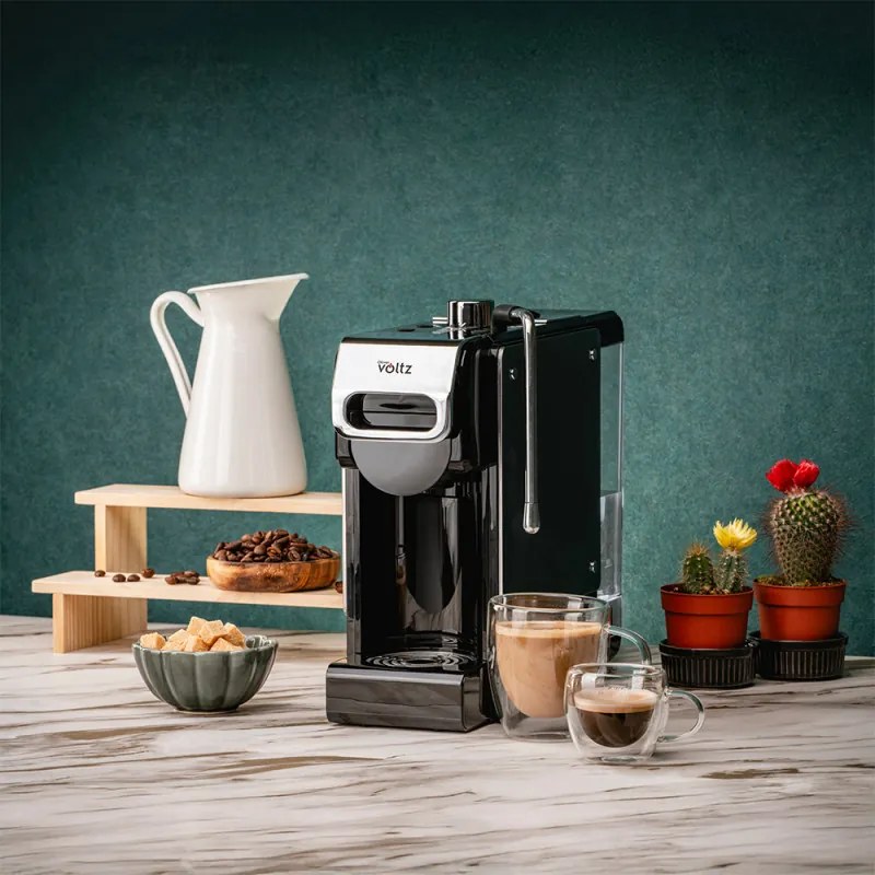 Espressor cafea macinata si capsule 8in1 Oliver Voltz OV51171N8M, 1450W, 1 L, 5 adaptoare, 19 bar, Negru/Argintiu