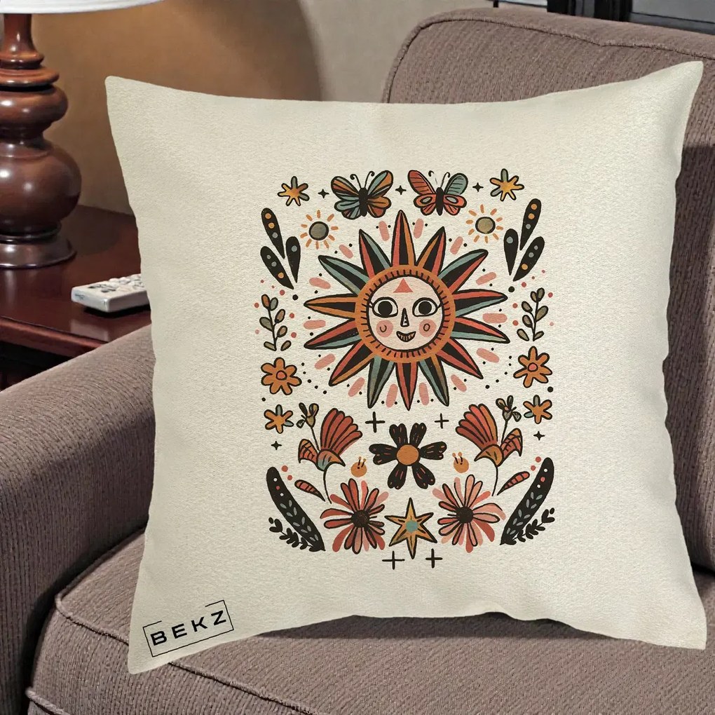 Perna Decorativa Soare Boho Folk Fluturi, 40x40 cm, Ecru, Husa Detasabila, Perna Inclusa, BEKZ®
