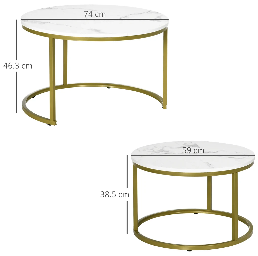 HOMCOM Set de 2 mese rotunde, set de masute de cafea stivuite cu cadru metalic pentru camera de zi, alb | Aosom Romania