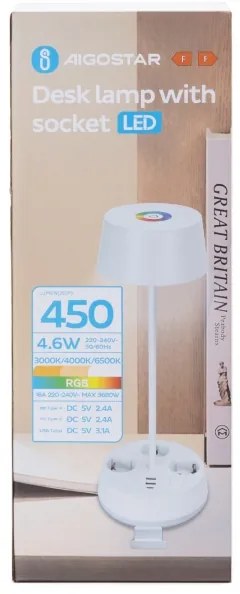 Aigostar-LED Lampă de birou LED RGBW cu reglare a intensității, prize și port USB, 4,6W, 230V, alb