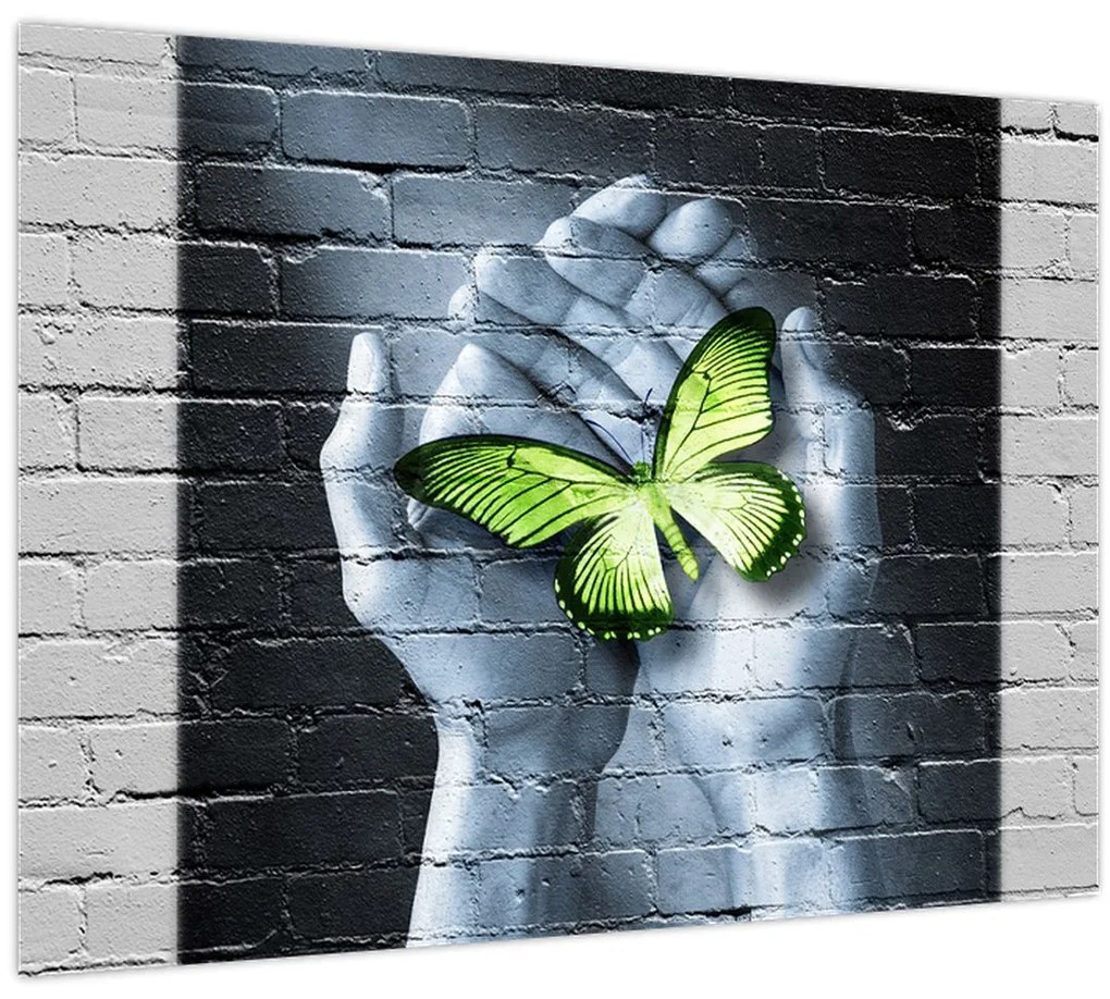 Tablou pe sticlă - Fluture verde în perete (70x50 cm)