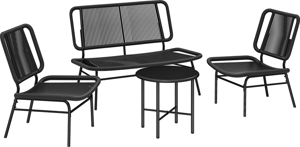 Outsunny Set Mobilier Grădină Ratan 4 Piese, Canapea pentru Exterior cu Măsuță Metalică, Negru | Aosom Romania