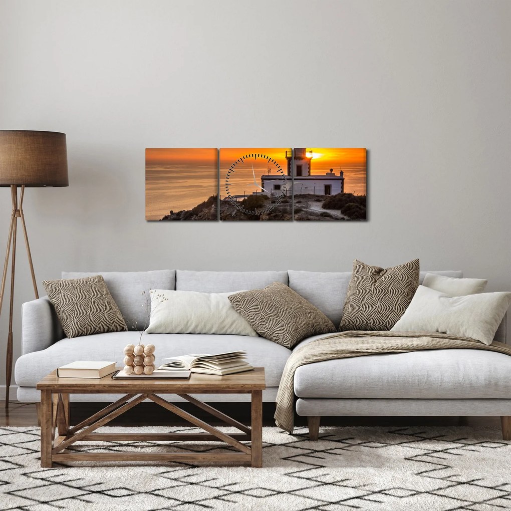 Tablou cu far în apus de soare (cu ceas) (90x30 cm)