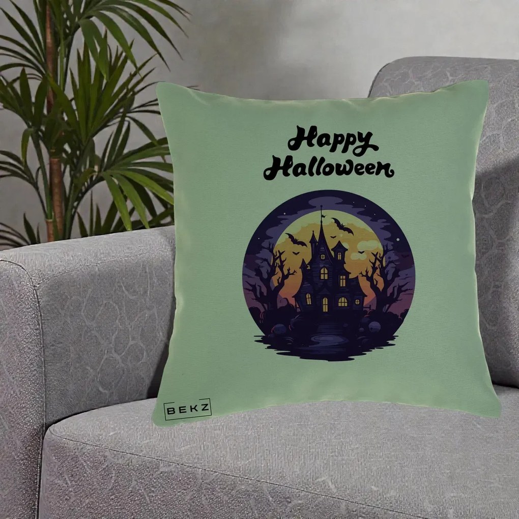 Perna Decorativa Happy Halloween Casa Bantuita Violet, 40x40 cm, Verde, Husa Detasabila, Perna Inclusa, BEKZ®