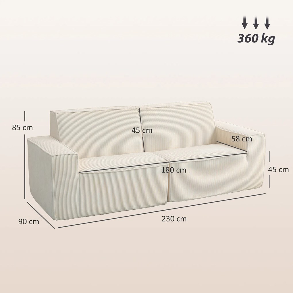 HOMCOM Canapea 3 locuri din catifea cordonată 230 cm, canapea modernă, fără montaj necesar, bej | Aosom Romania