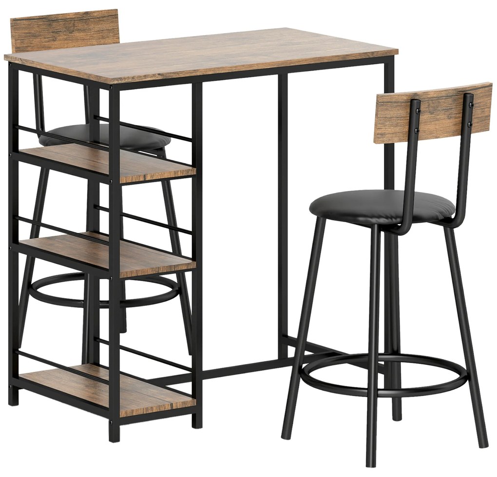 HOMCOM Set de 3 piese pentru bucatarie cu bar si 2 scaune, Set de bucatarie compact cu rafturi laterale, MDF, Metal, Stejar | Aosom Romania