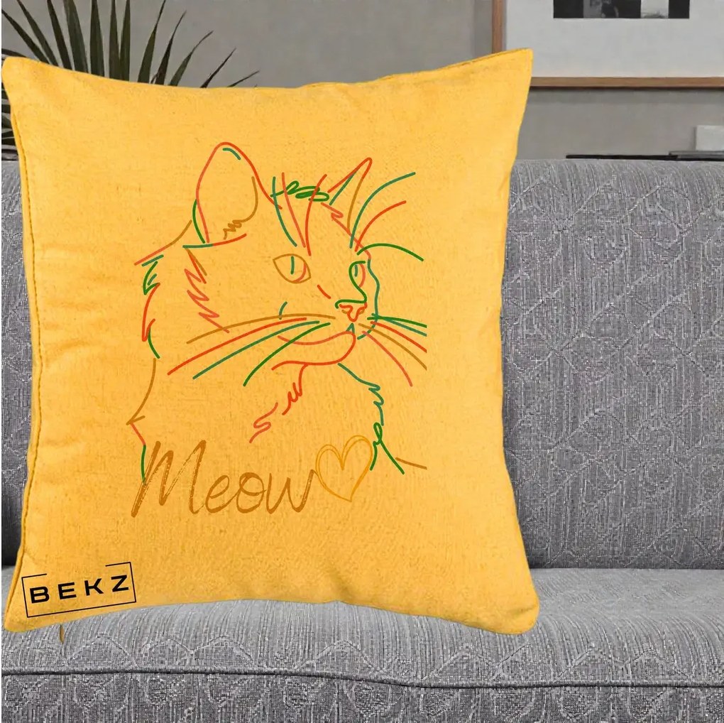 Perna Personalizata Pisica Meow Arta Linie Colorata, 40x40 cm, Galben, Husa Detasabila, Perna Inclusa, BEKZ®
