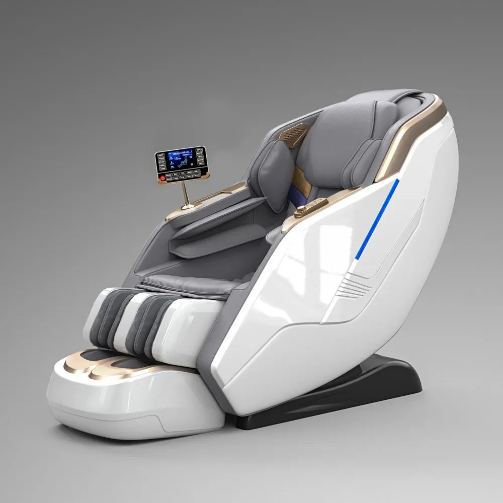 Fotoliu de masaj HONORIUS, Incalzire, Bluetooth, Display, Ecran tactil, Controler rapid cotiera, Zero Gravity, 2 Boxe, Moduri Automate, Suport Picioare extensibil, Piele Ecologica Premium, Alb/Gri