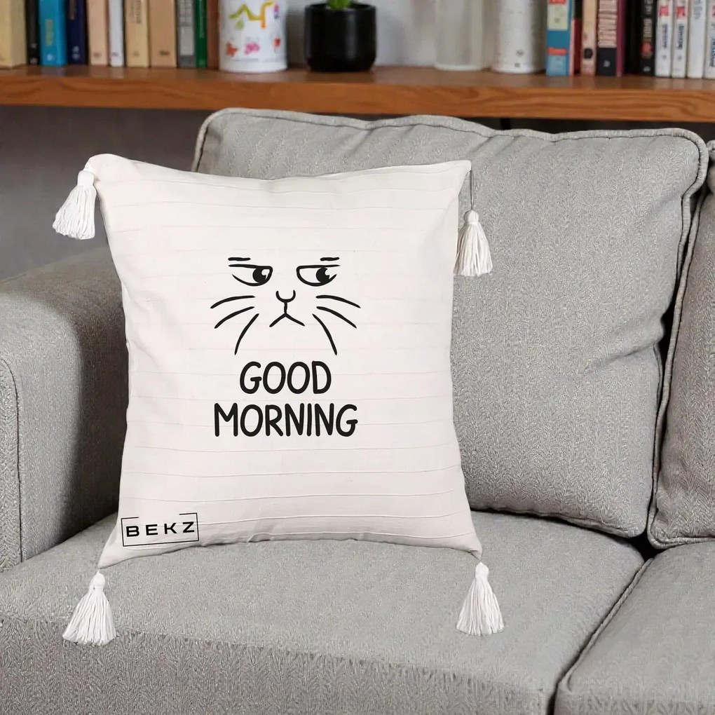 Perna Decorativa Pisica Morocanoasa Good Morning, 40x40 cm, Bej cu Franjuri, Husa Detasabila, Perna Inclusa, BEKZ®