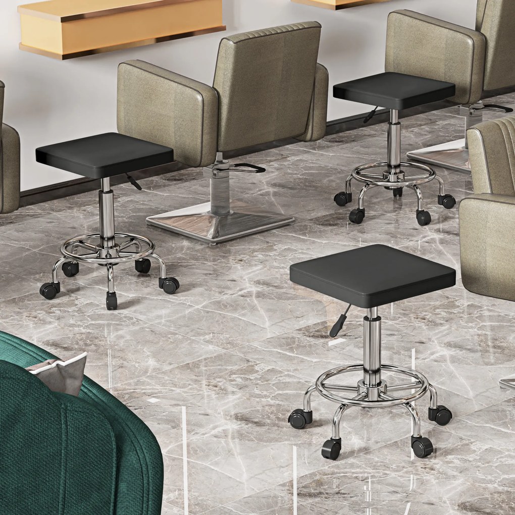 HOMCOM Taburet cu rotile cu înălțime reglabilă 50-66 cm și suport pentru picioare, pentru masaj, tatuaj, clinică, spa, negru | Aosom Romania