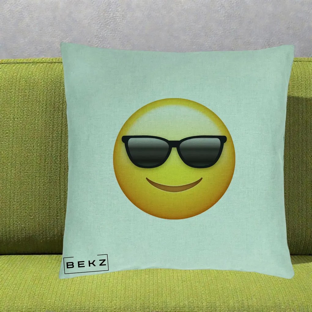 Perna Decorativa Emoji Cool Ochelari, 40x40 cm, Verde Menta, Husa Detasabila, Perna Inclusa, BEKZ®