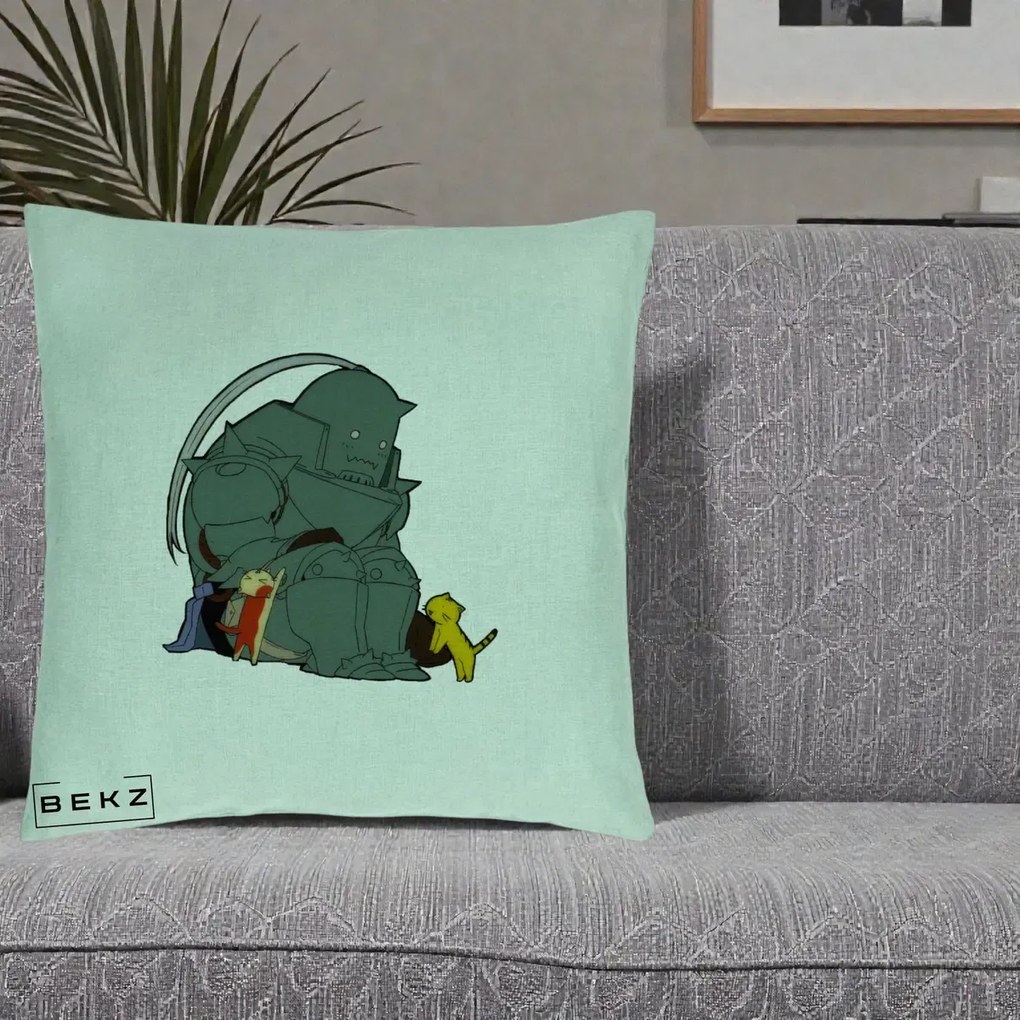 Perna Personalizata Fullmetal Alchemist Alphonse cu Pisici, 40x40 cm, Verde Menta, Husa Detasabila, Perna Inclusa, BEKZ®
