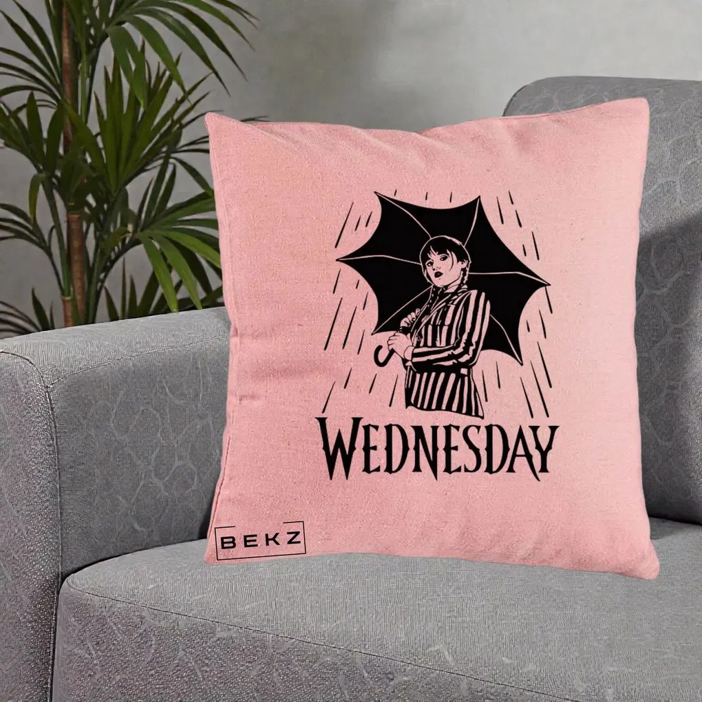 Perna Personalizata Wednesday cu Umbrela Ploaie Lineart, 40x40 cm, Roz, Husa Detasabila, Perna Inclusa, BEKZ®