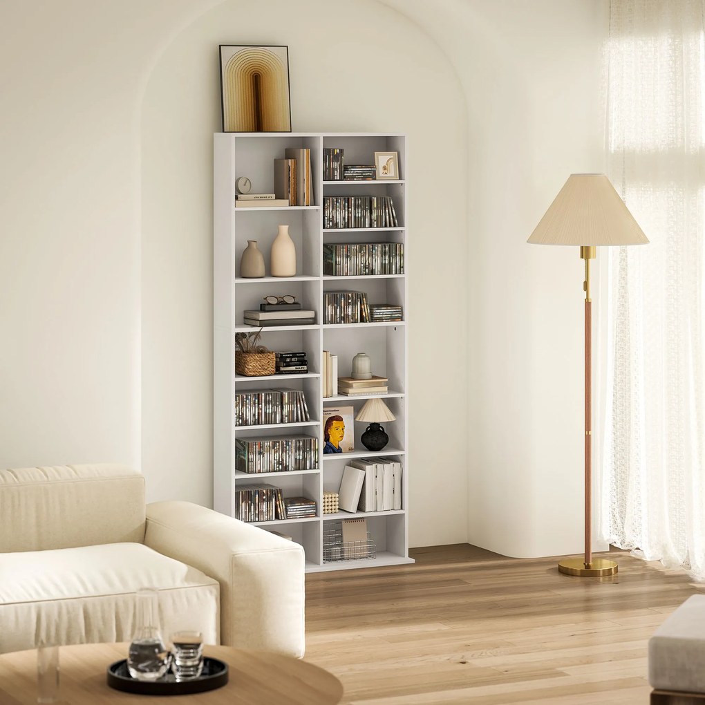 HOMCOM Raft pentru DVD-uri, Raft de depozitare CD, 14 rafturi reglabile, 18 compartimente, 175 cm, Raft Blu-ray, Placă de lemn, Alb | Aosom Romania