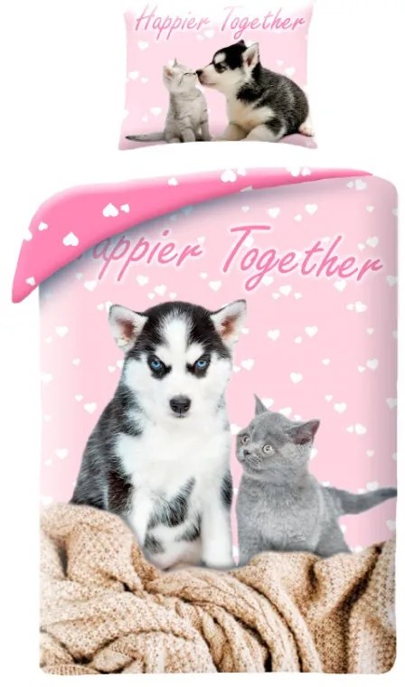 Animale Happier Together Set de lenjerie de pat cu pisici și câini 140x200cm, 70x90 cm