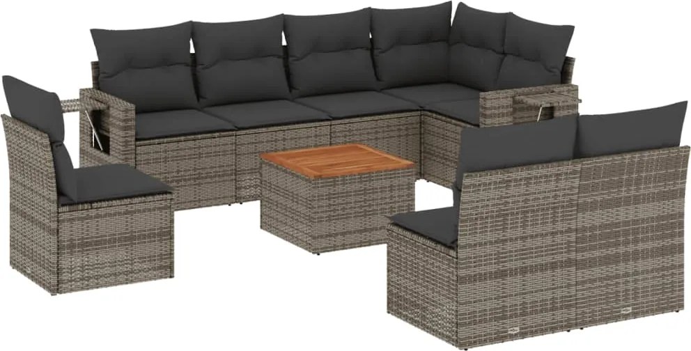 vidaXL Set canapele de grădină, 9 piese, cu perne, gri, poliratan