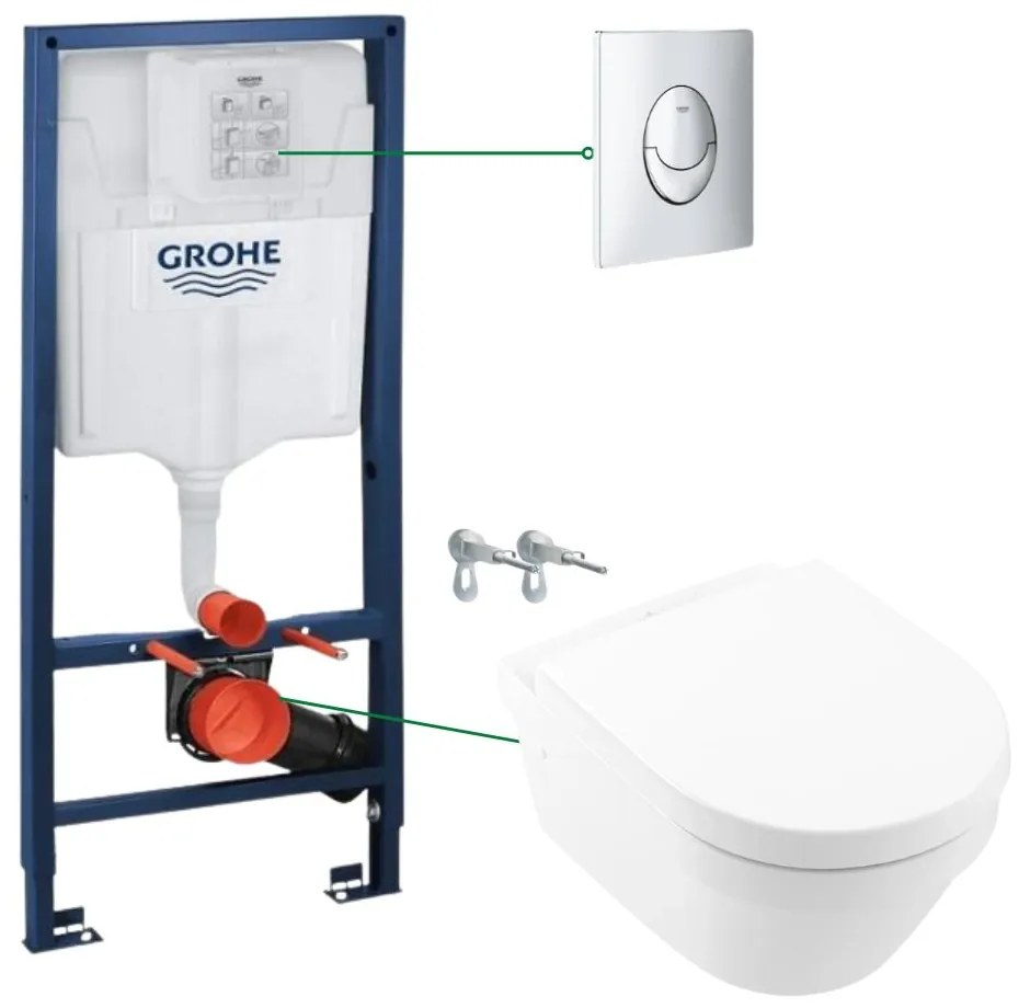 Set vas wc suspendat rimless cu capac VilleroyBoch, Architectura plus rezervor wc incastrat si clapeta crom Skate Air Grohe