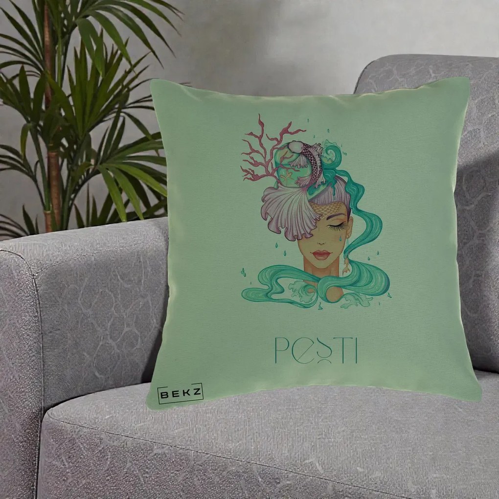 Perna Personalizata Zodiac Pesti Cowgirl, 40x40 cm, Verde, Husa Detasabila, Perna Inclusa, BEKZ®