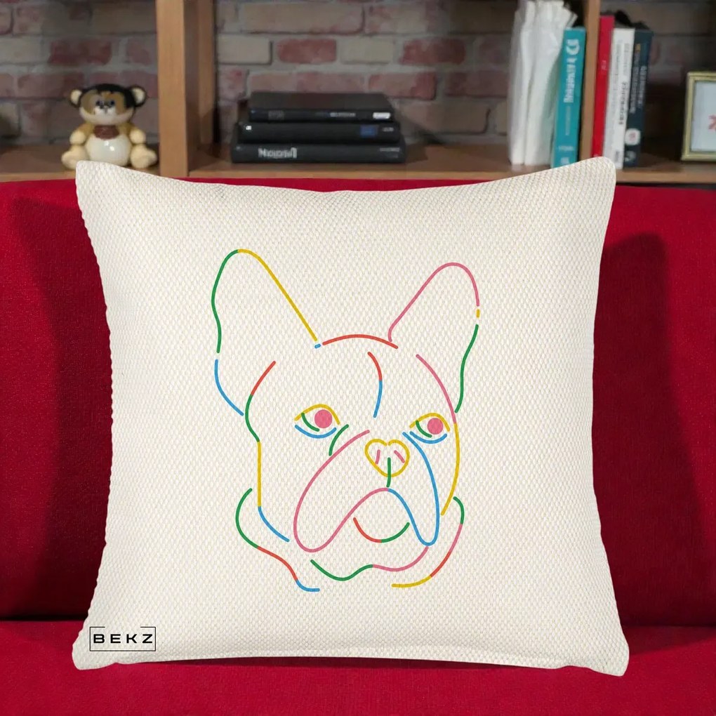 Perna Decorativa Bulldog Francez Line Art Curcubeu, 40x40 cm, Crem Reliefat, Husa Detasabila, Perna Inclusa, BEKZ®