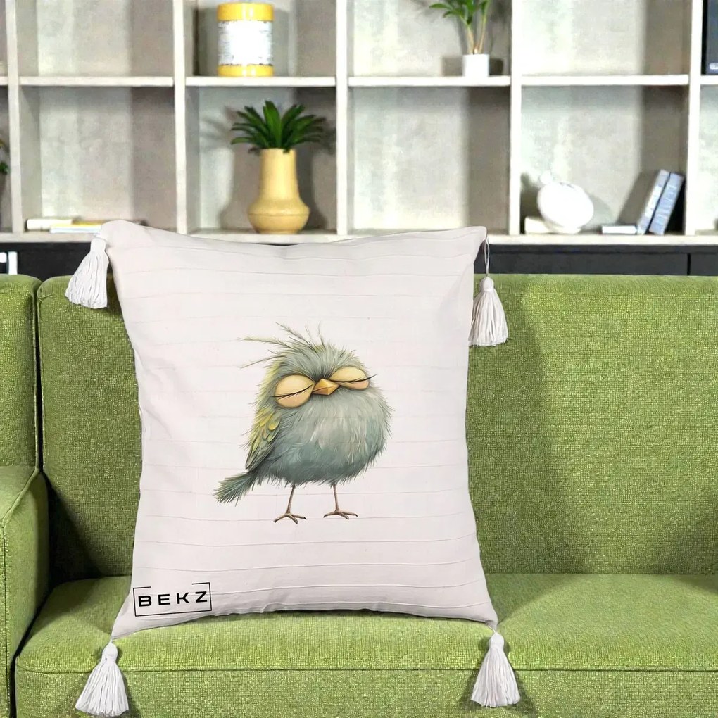 Perna Decorativa Pasare Teal Adormita cu Ochi Galbeni, 40x40 cm, Bej cu Franjuri, Husa Detasabila, Perna Inclusa, BEKZ®