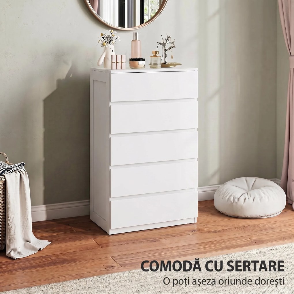 HOMCOM Dulap cu 5 Sertare pentru Dormitor, Dulap Depozitare cu Glisiere Metalice și Canelură, Cufăr Alb, Ideal pentru Spațiu și Stil | Aosom România