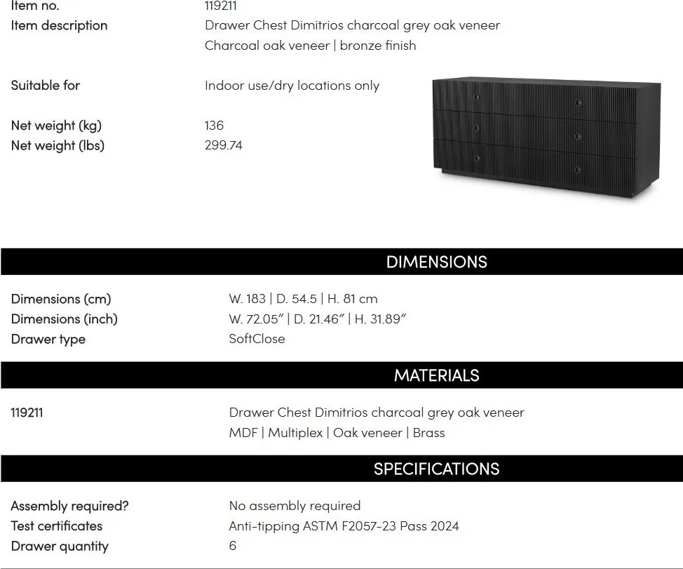 Comoda design LUX, Furnir de stejar gri carbune, Dimitrios