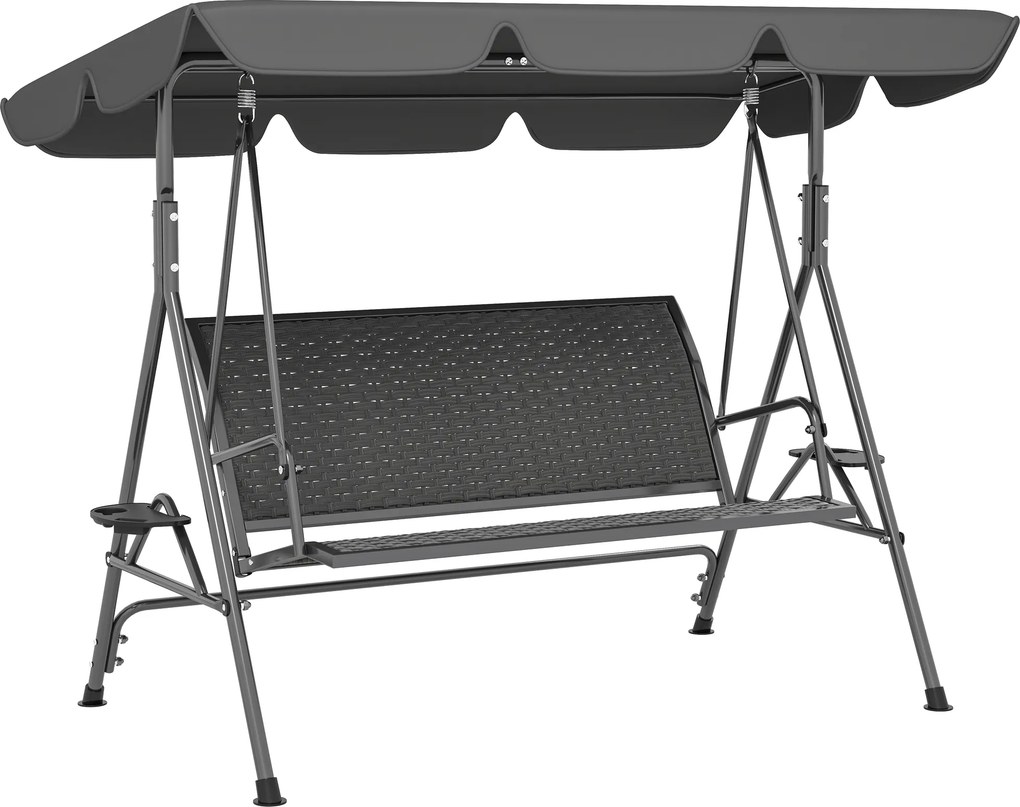 Outsunny Leagăn de Grădină 3 Locuri din Ratan PE cu Acoperiș Reglabil și Suporturi pentru Pahare, Leagăn de Exterior cu Cadru din Oțel, Capacitate 320 kg, 204x112x150 cm, Gri | Aosom Romania