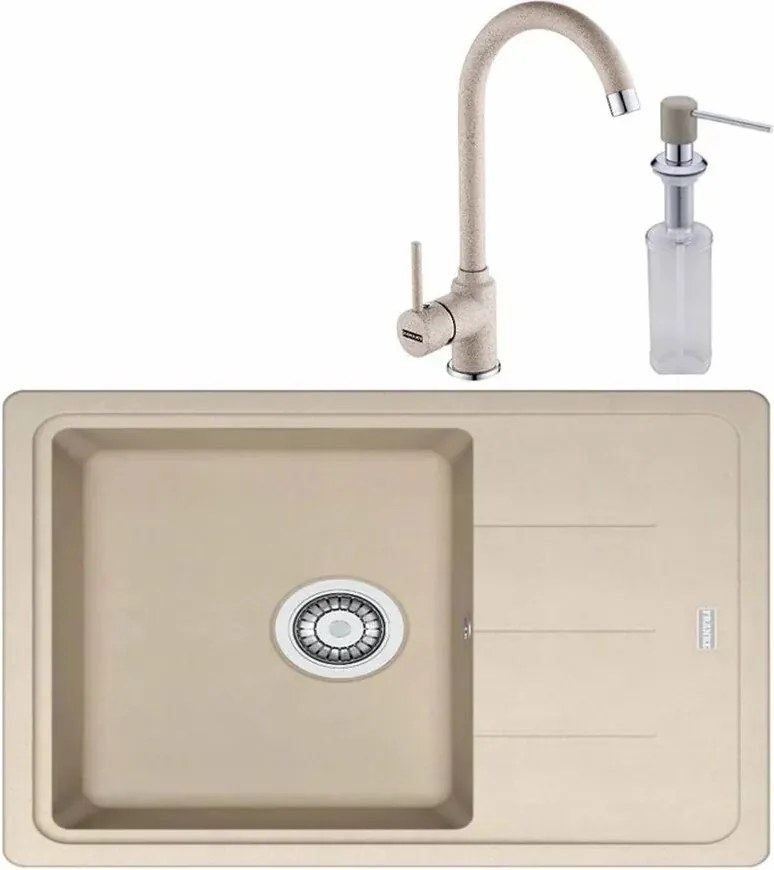 Set chiuveta bucatarie compozit Franke Basis 1 cuva cu picurator 62x50 cm reversibila finisaj bej mat cu baterie si dozator detergent