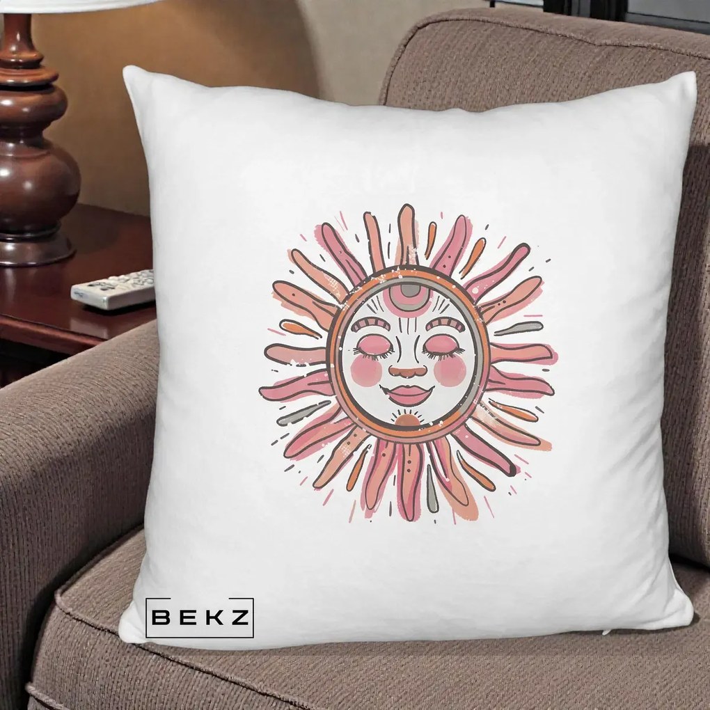 Perna Decorativa Soare Roz Tribal, 40x40 cm, Alb Pufos, Husa Detasabila, Perna Inclusa, BEKZ®