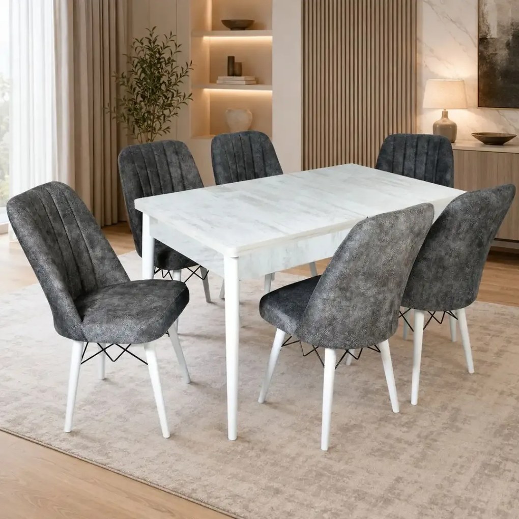Set masa extensibila cu 6 scaune tapitate Homs cargold 250-30600 bej- gri 170 x 80 cm